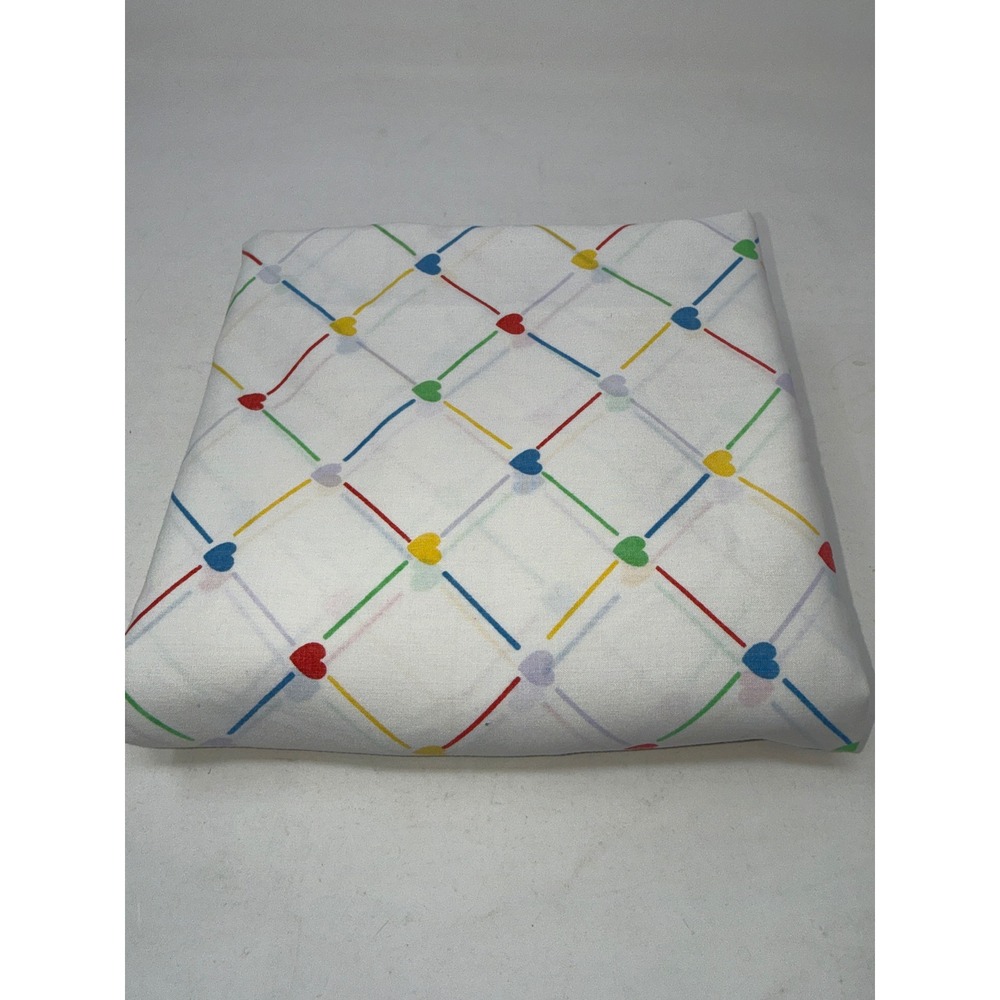 Vintage Sears Twin Flat Sheet Heart Lattice Primary Colors White 80s Made in USA
